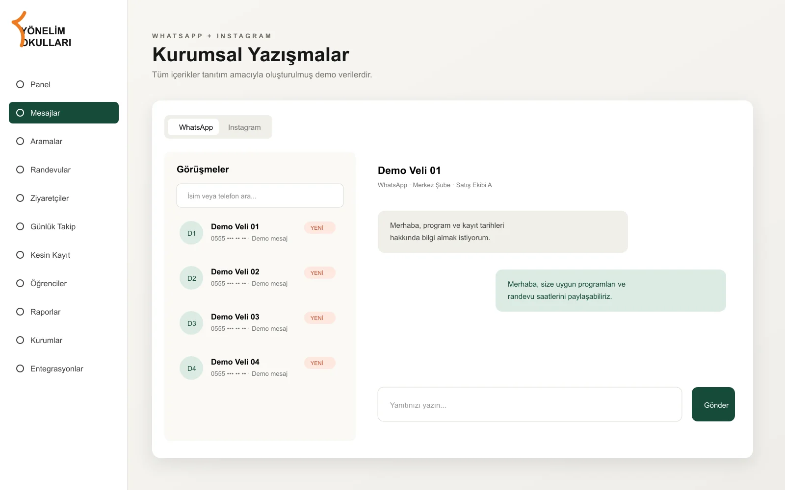 WhatsApp ve Instagram tek gelen kutusunda. — demo arayüz