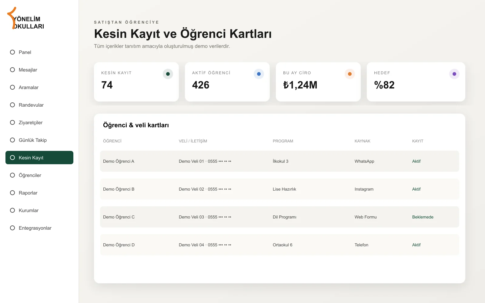 Adaydan öğrenciye bütün bağlam korunur. — demo arayüz